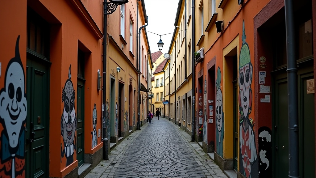 Užupio kvartalo siaurų gatvių, spalvingų namų ir meninės atmosferos vaizdas