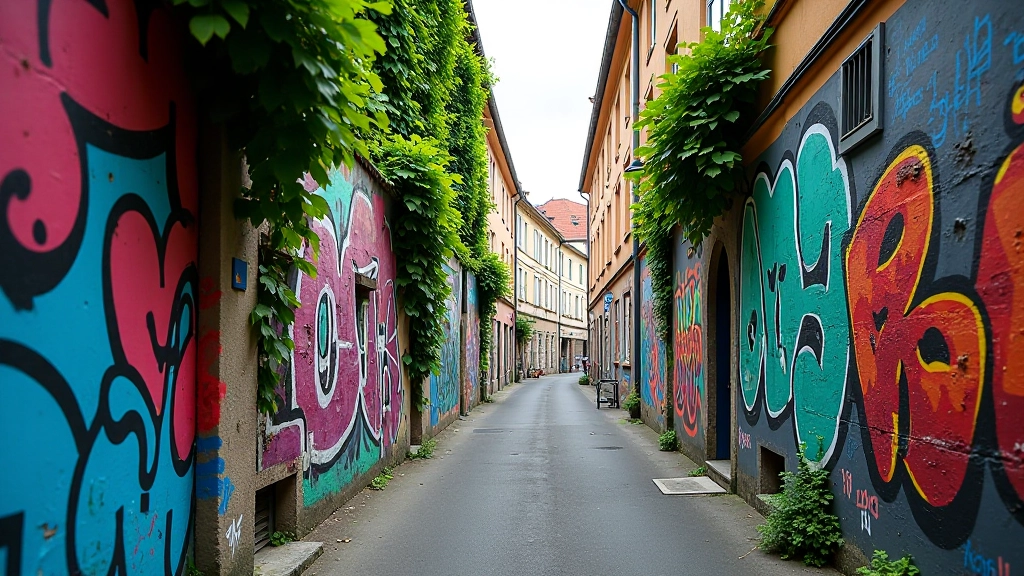 Spalvinga Užupio kvartalo sienų meno fragmentai su graffiti ir žaliomis augalais