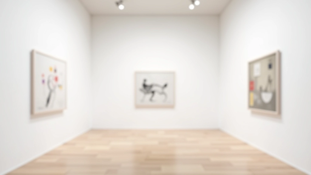 Moderni Užupio galerija su abstrakčiais paveikslais ir minimalistine interjero dizaine
