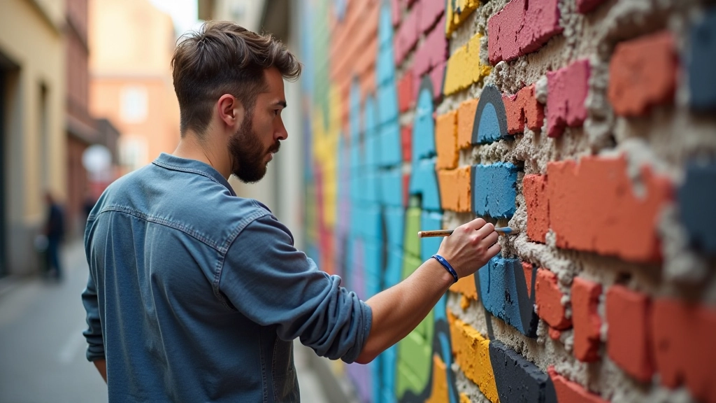 Užupio graffiti menininkas piešiantis didelį meno kūrinį ant senos mūrinės sienos