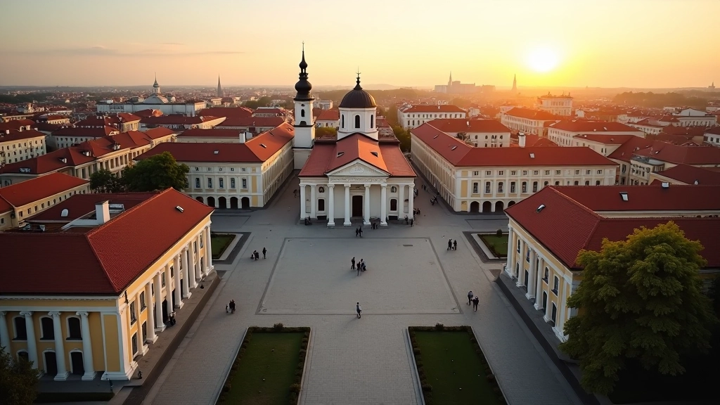Vilniaus Katedros aikštės panorama su baltomis kolonėmis ir šv. Vladimiro katedra